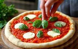 Pizza being topped with ingredients